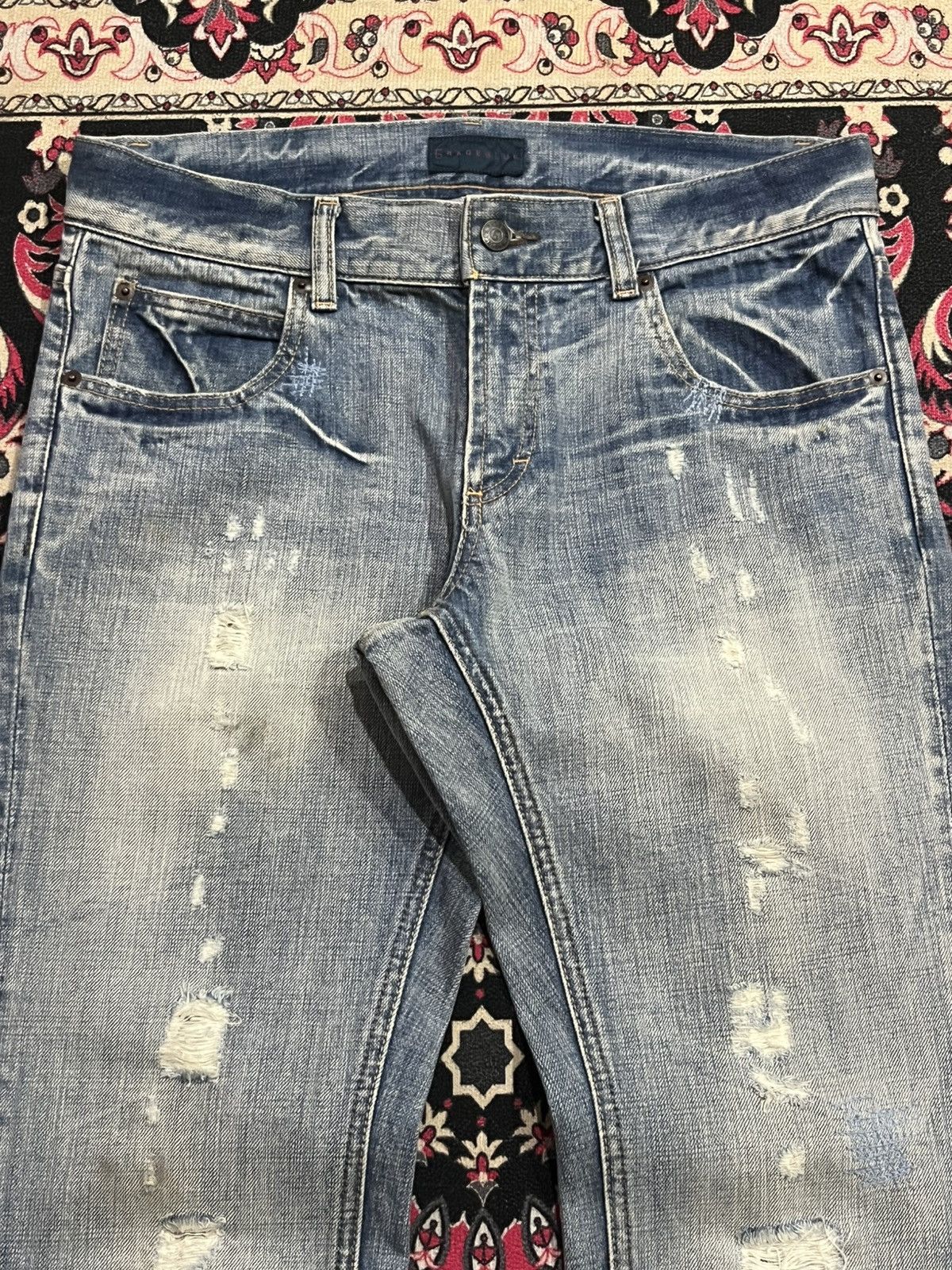 Le Grande Bleu (L.G.B.) ⚡️Distressed⚡️Vintage Garage Blue Fringe Whisker Blue Jeans Size US 33 - 4 Thumbnail