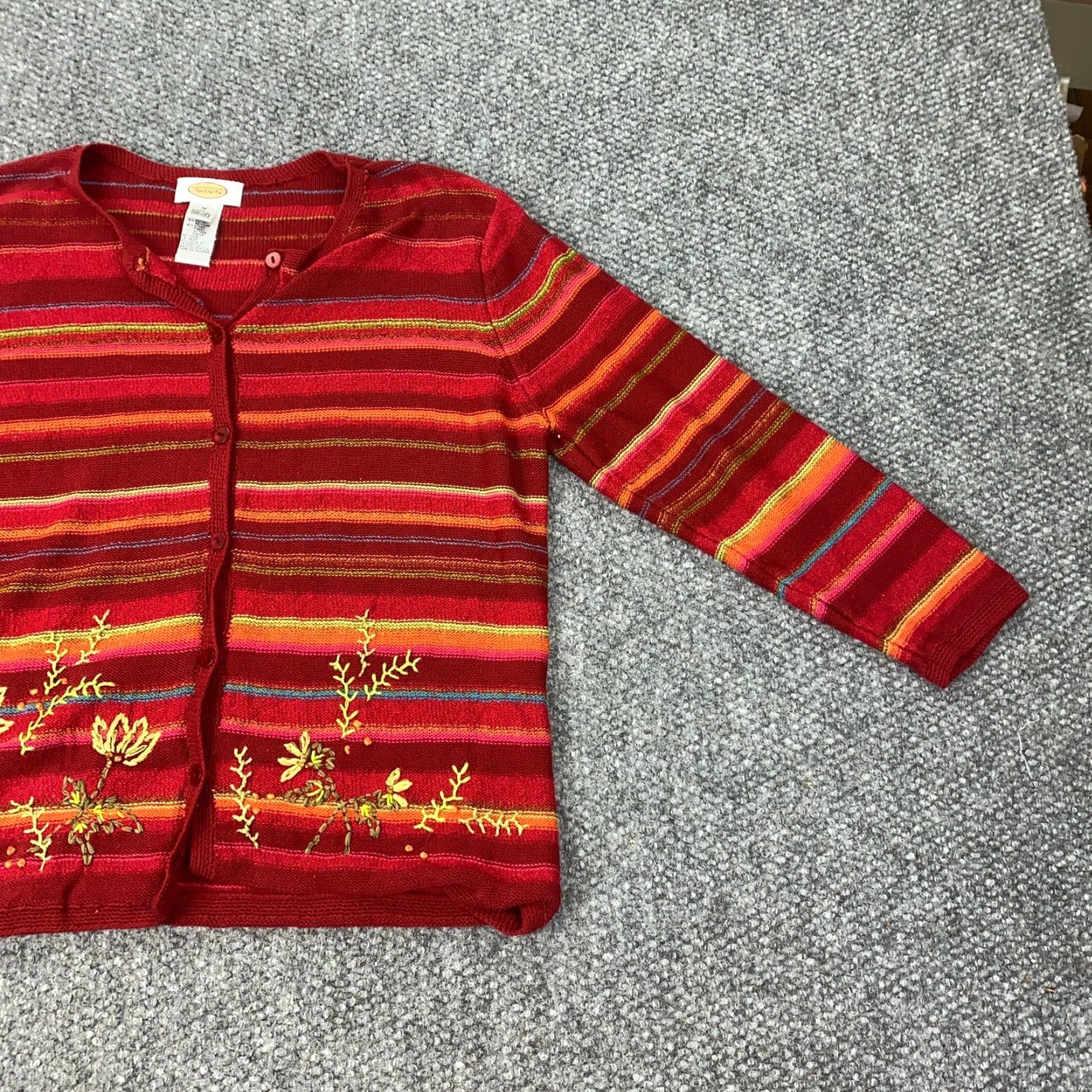 Talbots Talbots Cardigan Sweater Striped 3/4 Sleeve Red Flower Button Embroidered Cotton Ramie Rayon Women M Medium Adult Womens Fall Spring Winter Stock Size M / US 6-8 / IT 42-44 - 2 Thumbnail