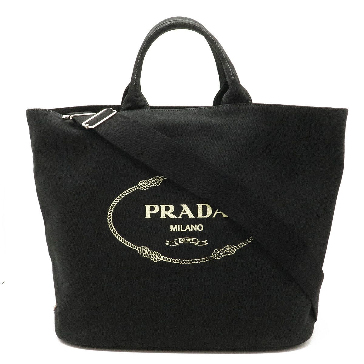 Prada Canapa Tote Shoulder Bag Way Canvas Nero Black Silver
