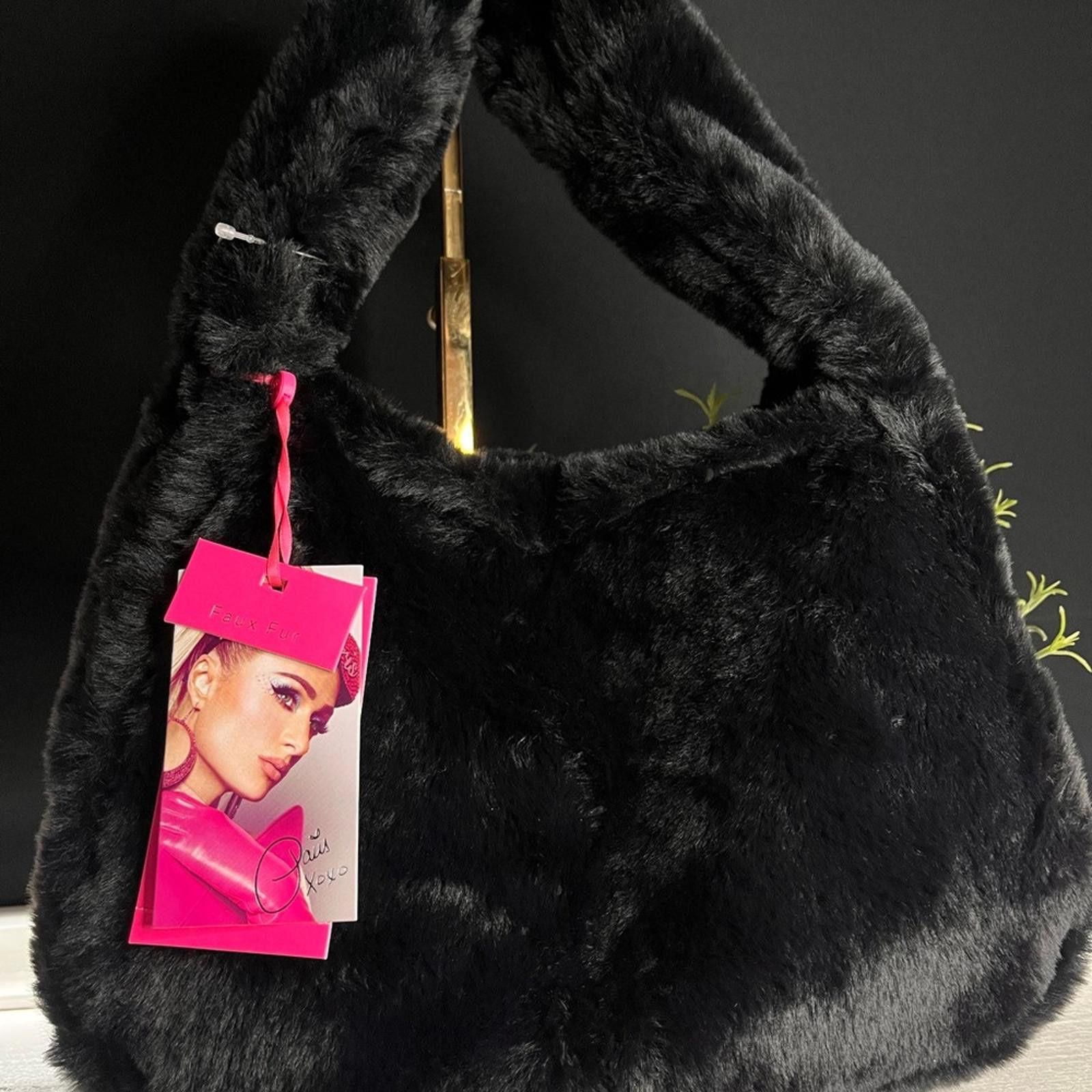 Designer Paris Hilton Black Faux Fur Shoulder Bag NWT Size ONE SIZE - 3 Thumbnail
