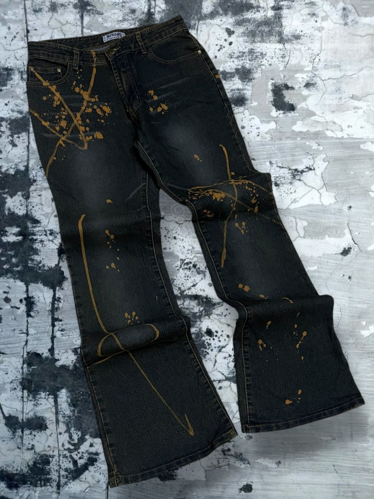 VTG Japan Designer Haphazard Flared Art Splash Bleach Denim