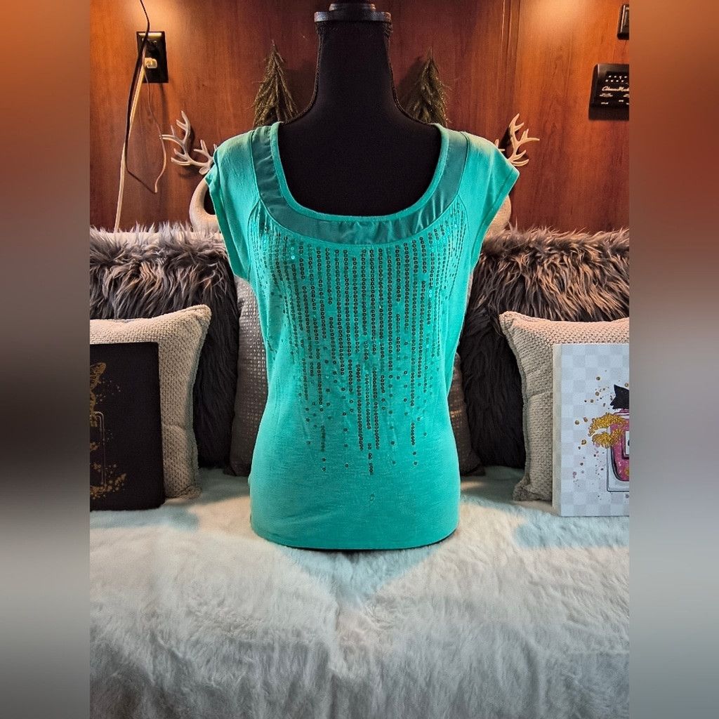Kohl's Self Esteem Aqua Embellished Short Sleeve Top Size L / US 10 / IT 46 - 1 Thumbnail