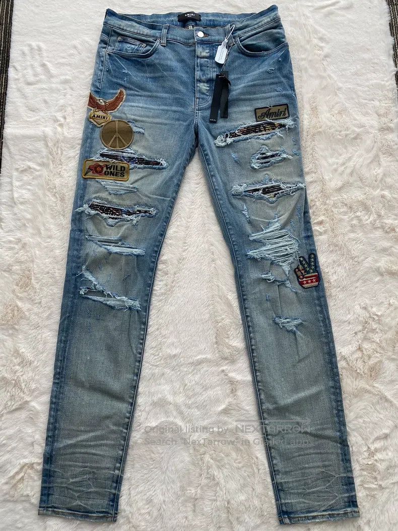 Amiri Size 38 Washed blue medal patchwork jeans