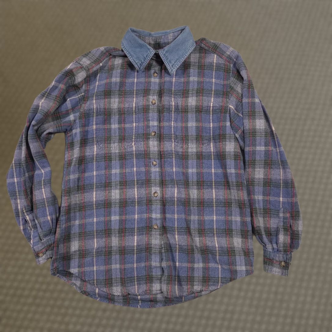 Denime Cabin Creek Shirt Womens Small Blue Plaid Denim Collar Button Front Flannel Top Size S / US 4 / IT 40 - 1 Thumbnail