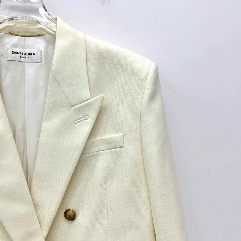 Saint Laurent Paris Saint Laurent Paris Beige wool lapel double-breasted long- Size US XXS / EU 40 - 3 Thumbnail