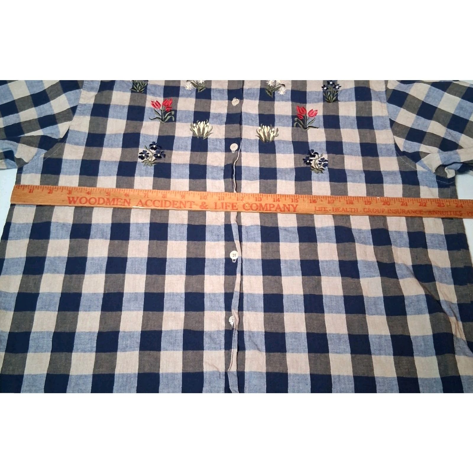 Vintage VINTAGE Maggie & Max Button-Up Blouse 2X Plus Size Casual Short Sleeve Tan Blue Gingham Check Embroidered Floral Womens Size XXL / US 16-18 / IT 52-54 - 5 Thumbnail
