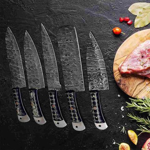 Other Damascus Kitchen Knives Set of 5 with Resin Blue Handles Size ONE SIZE - 6 Thumbnail