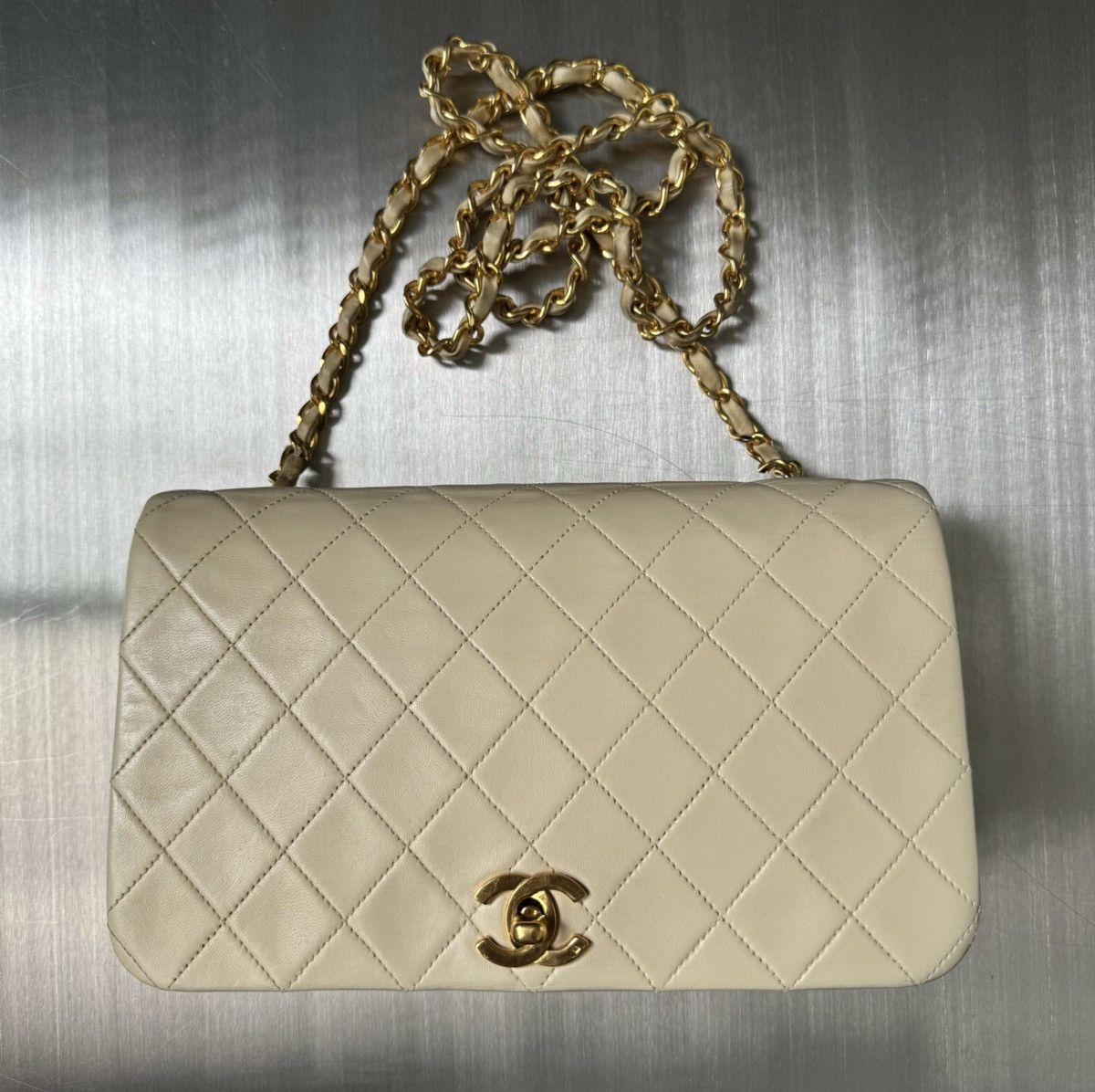 image of Chanel Vintage Full Flap Lambskin Crossbody In Beige, Women's