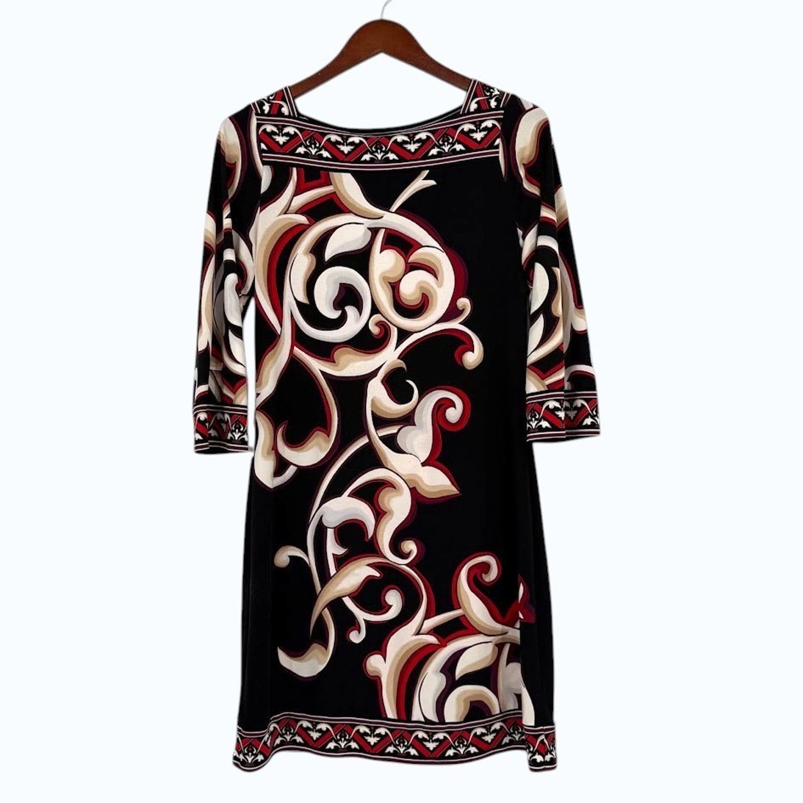 White House Black Market WHBM Sheath Dress Small Black Red Print 3/4 Sleeve Stretch Size S / US 4 / IT 40 - 1 Thumbnail