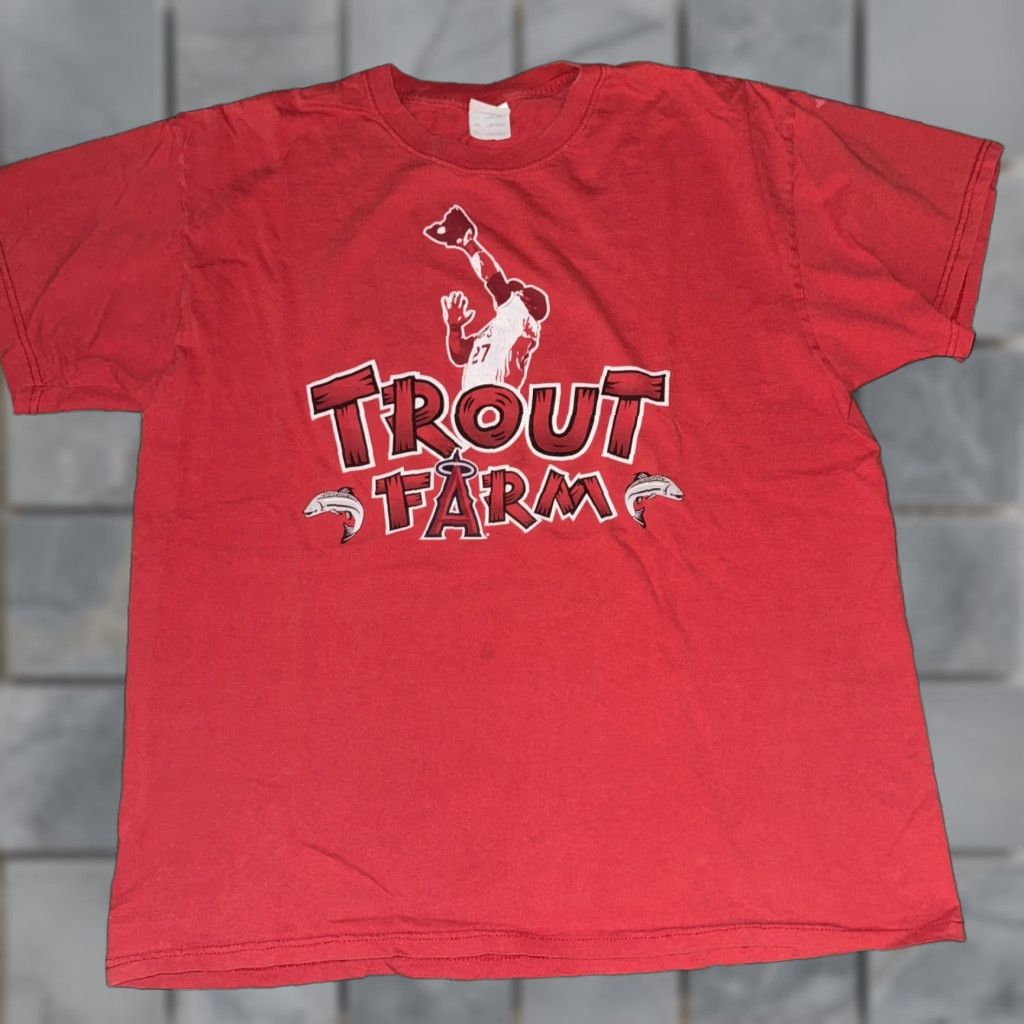 Vintage VINTAGE Mike Trout Anaheim Angels T-Shirt Red XL 21x27 Trout Farm Men XL Red Angels Shirt 80s 90s Baseball Mens Size US XL / EU 56 / 4 - 1 Thumbnail