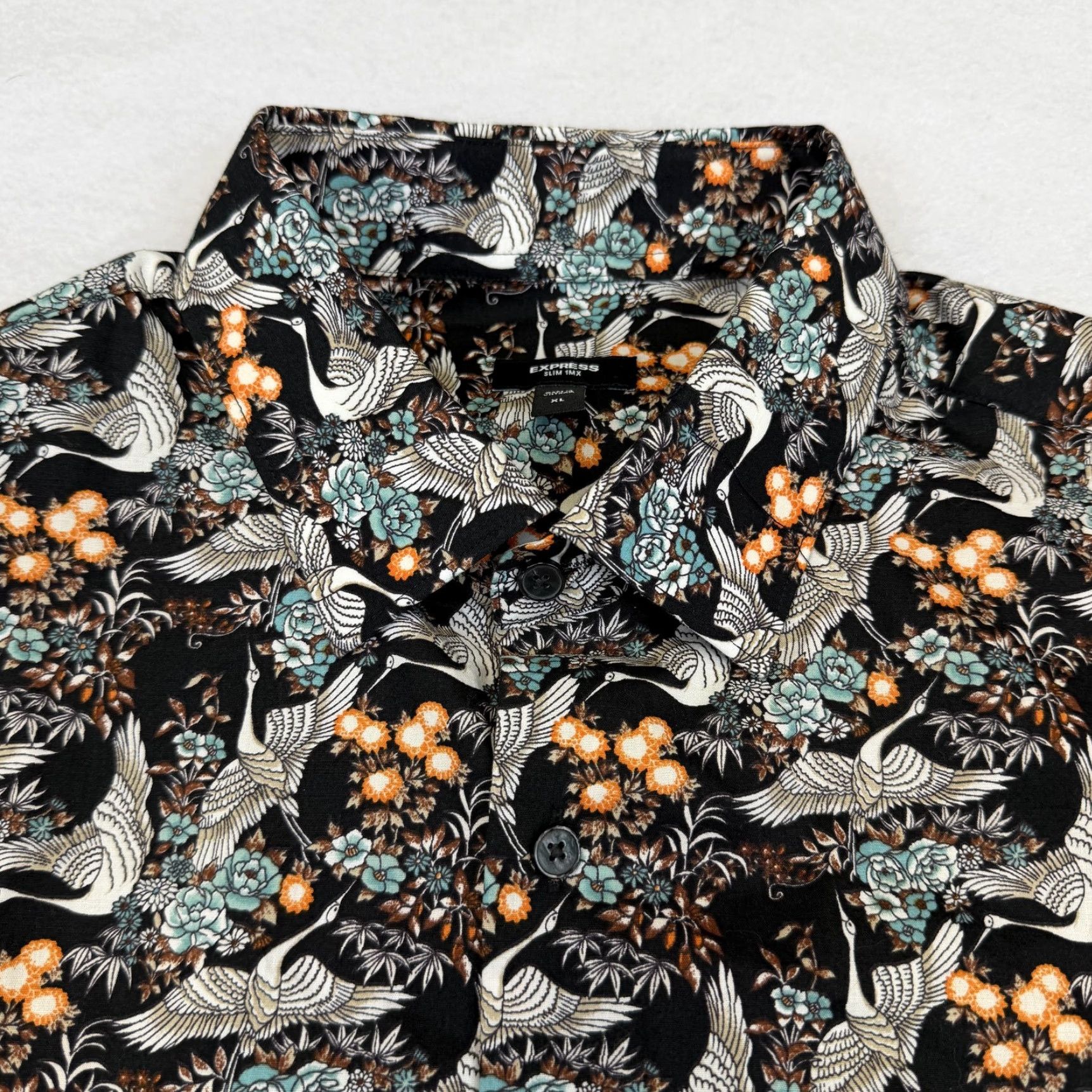 Express Express Dress Shirt Mens XL Black Floral Bird Print Slim Long Sleeve Button Down Size 46R - 4 Thumbnail