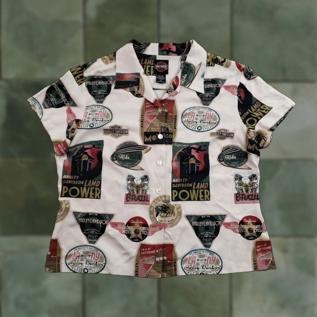 VINTAGE Harley-Davidson Shirt Womens Large Silk Camp Hawaiian Button Front Tori Richard Multicolor Travel-Poster Print 90s Motorcycle Womens L