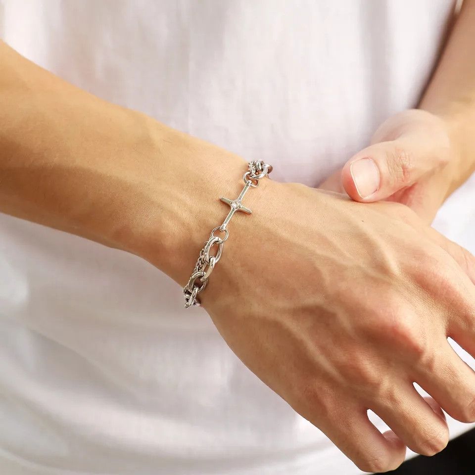Jewelry Chrome Silver Cross Bracelet Goth God Pendant Chain Size ONE SIZE - 1 Thumbnail