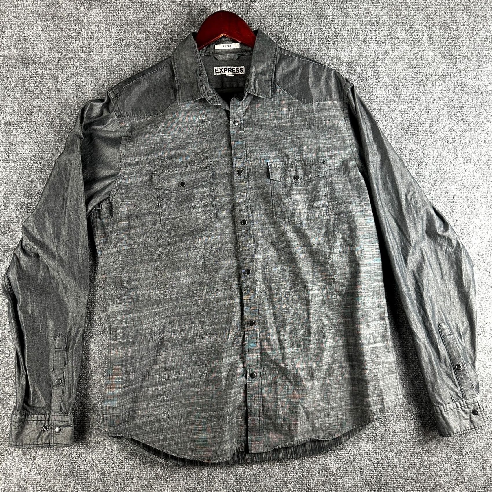 Express Express Shirt Mens Large Fitted Snap Up Western Style Gray Cotton Pockets Size US L / EU 52-54 / 3 - 2 Thumbnail