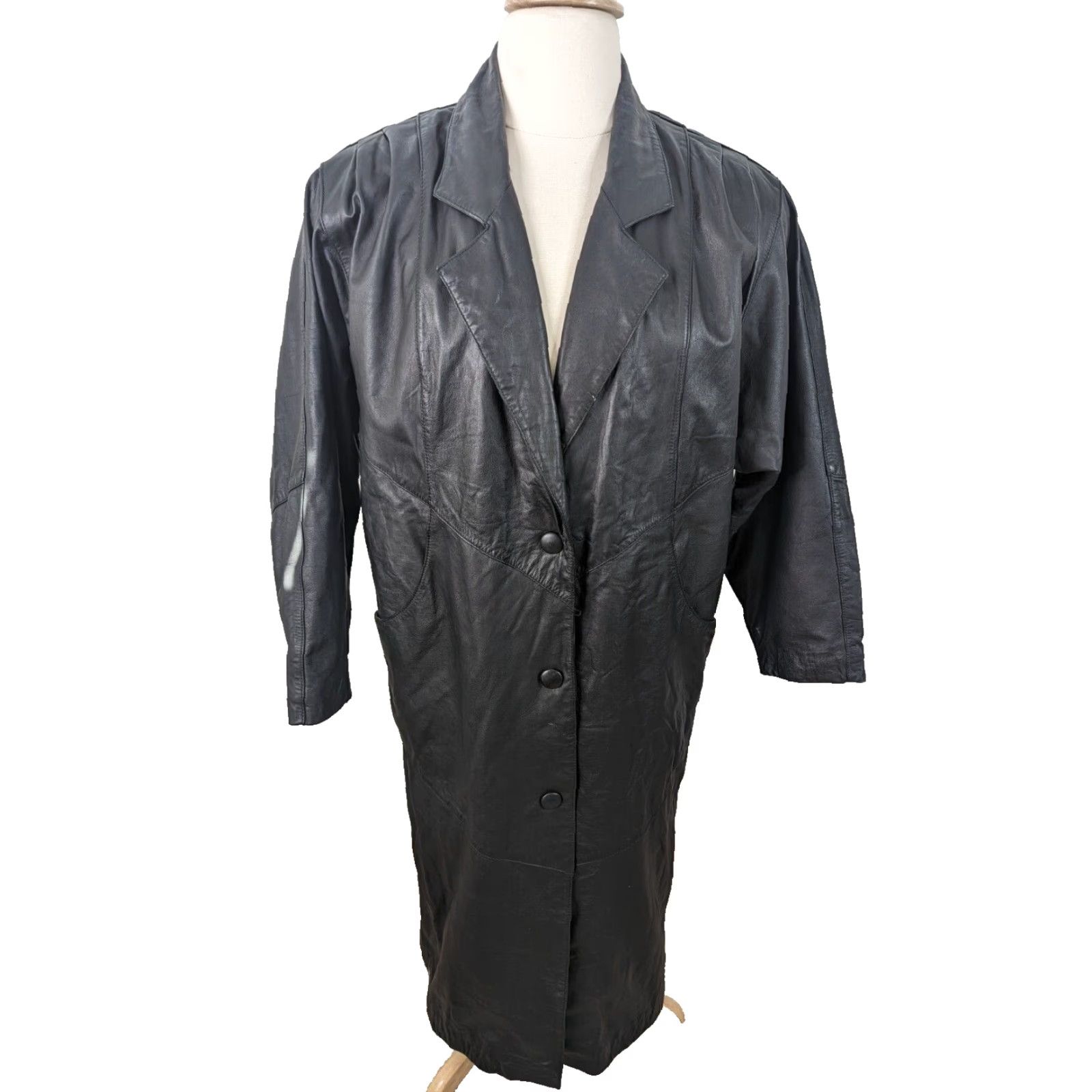 Wilson VINTAGE Wilsons Leather Coat Long Overcoat Women Large Black Trench Coat Bomber Jacket Size L / US 10 / IT 46 - 2 Thumbnail