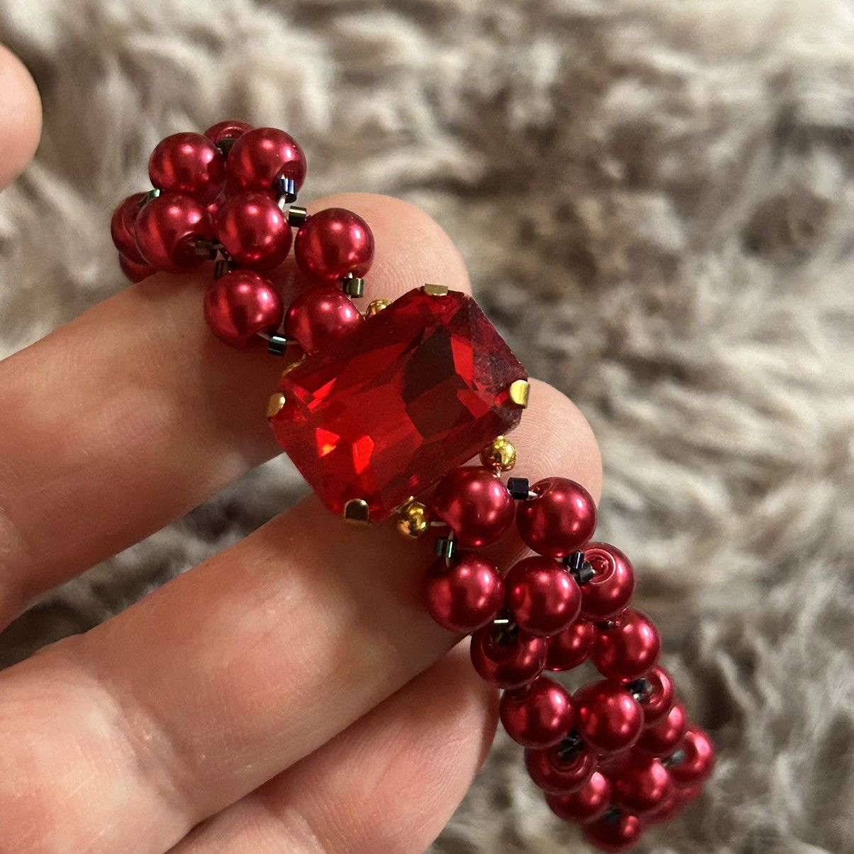 Handmade Handcrafted ruby red Czech glass pearl rainbow bracelet Size ONE SIZE - 3 Thumbnail