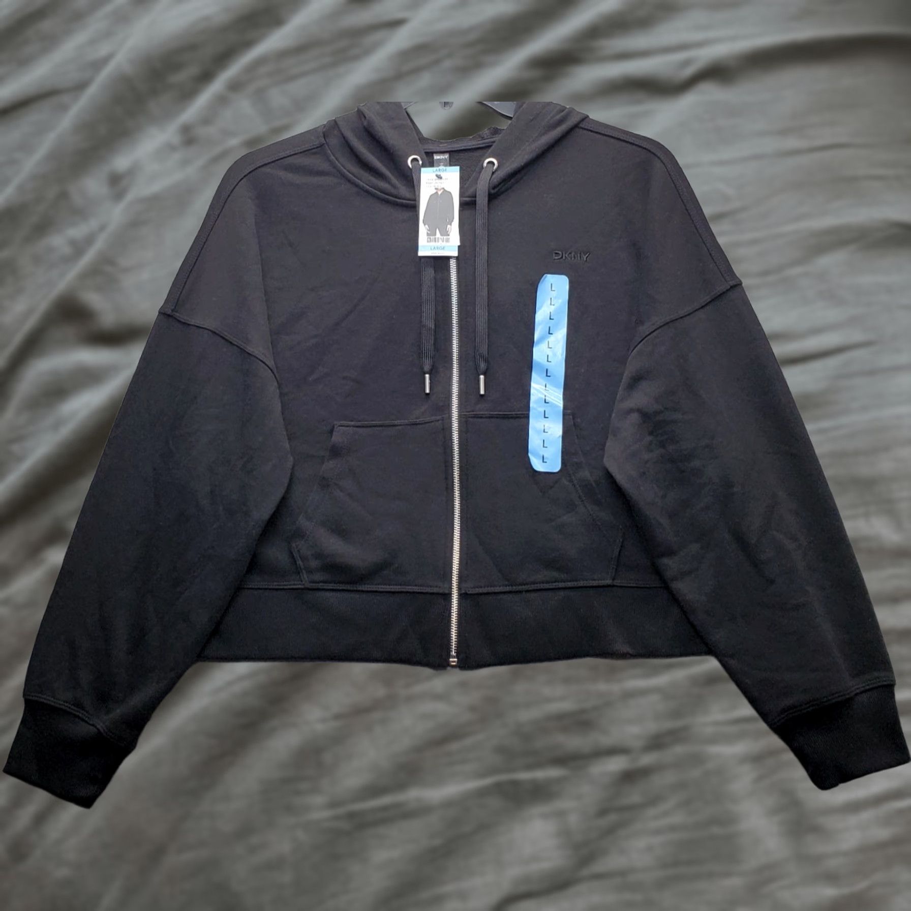 DKNY DKNY Womens Jacket Black Cropped Long Sleeve Hooded Full Zip - Size L Size L / US 10 / IT 46 - 1 Thumbnail