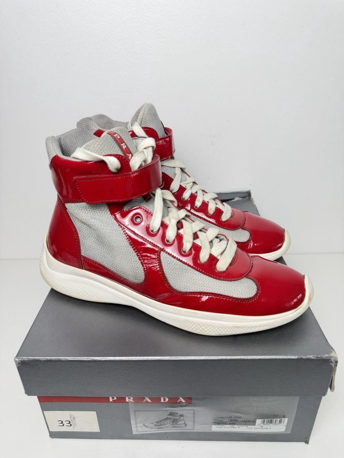 Prada Prada America’s Cup High Top Sneakers Red Silver Patent SZ 9 Size US 9 / EU 42 - 1 Thumbnail