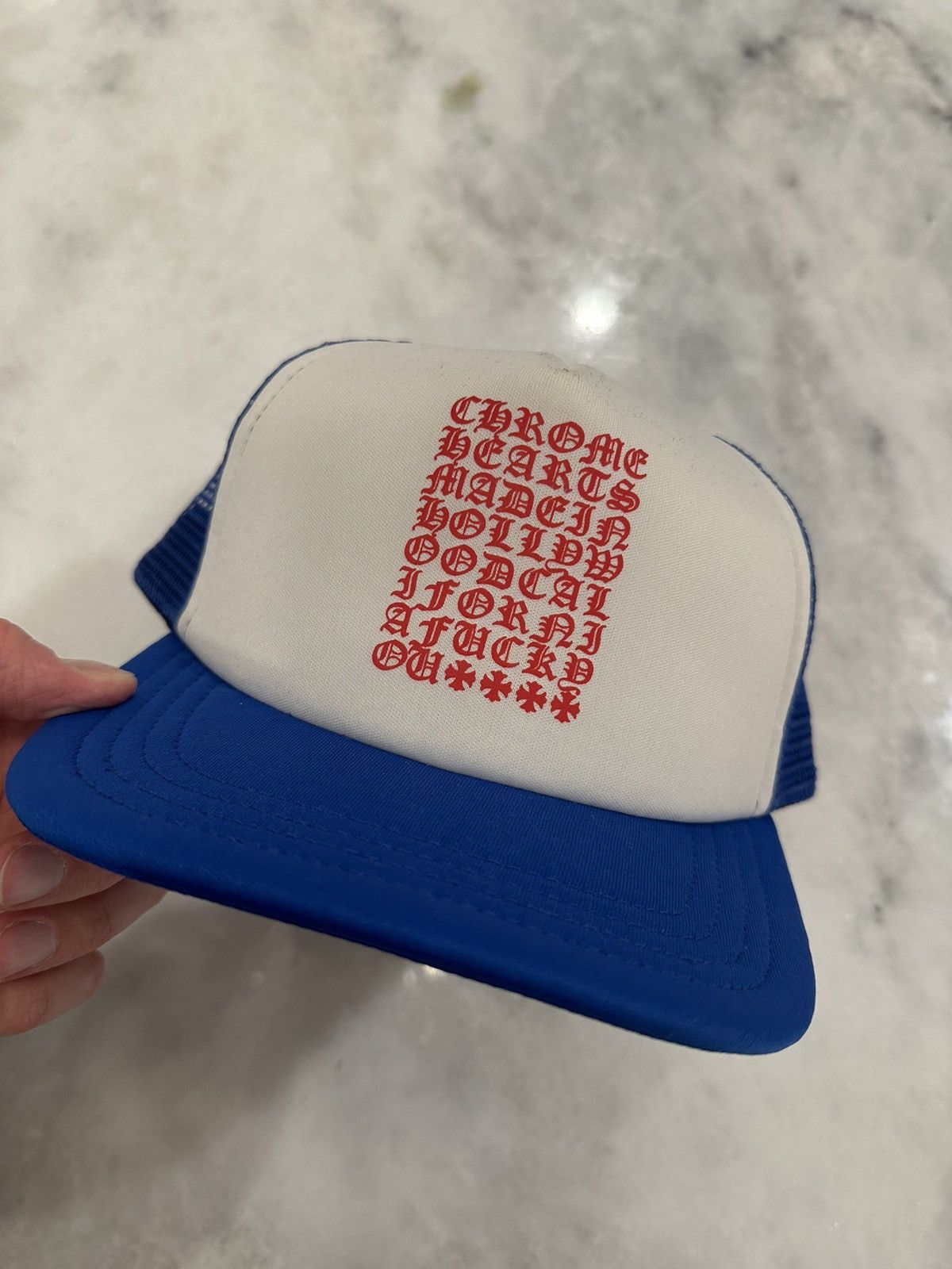 Chrome Hearts Chrome Hearts Eye Chart Blue / Red Trucker Hat | Grailed