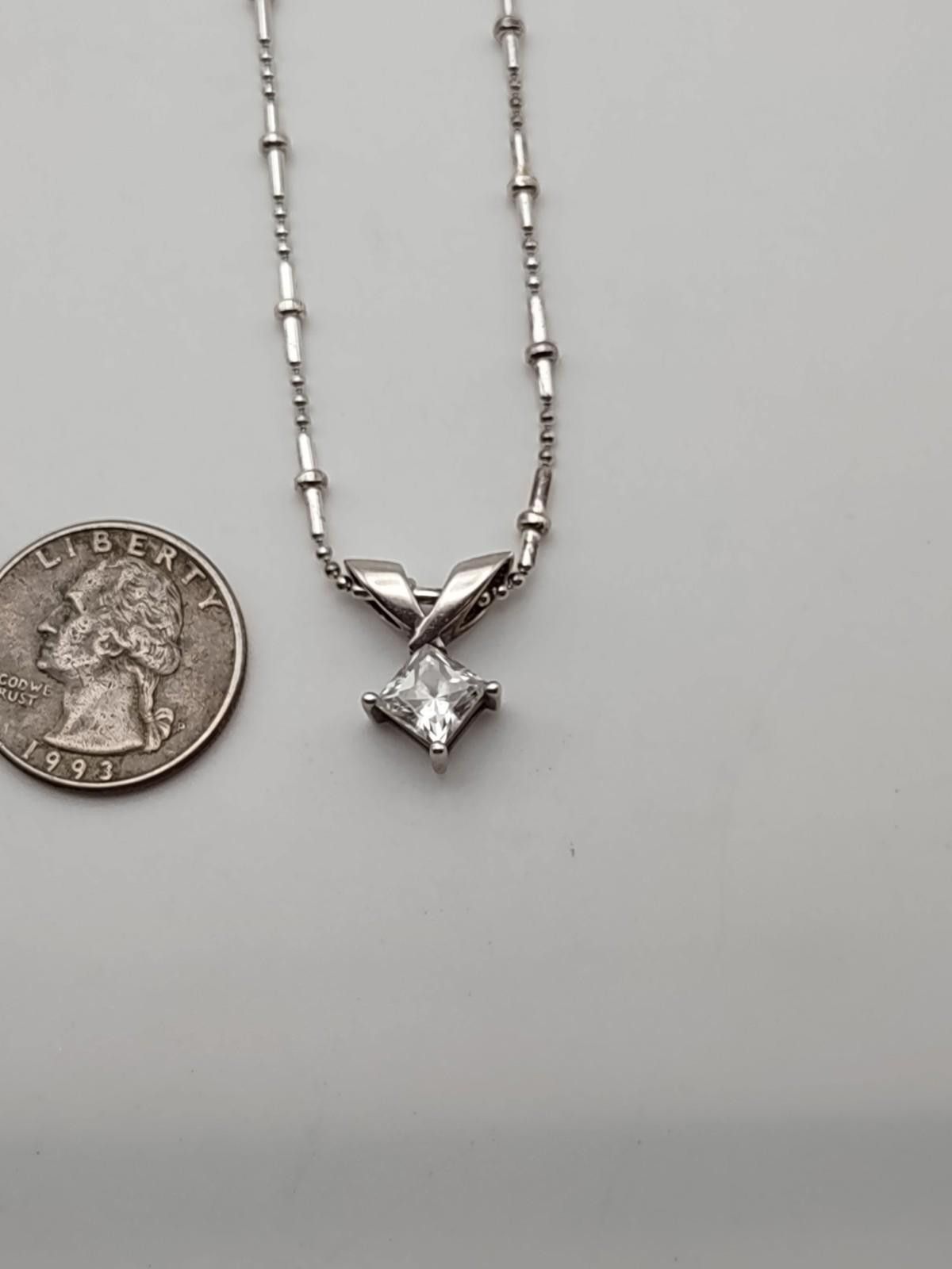 The Unbranded Brand Silver Princess CZ Pendant w/ 18” Bar Ball Chain 925 Size ONE SIZE - 3 Thumbnail