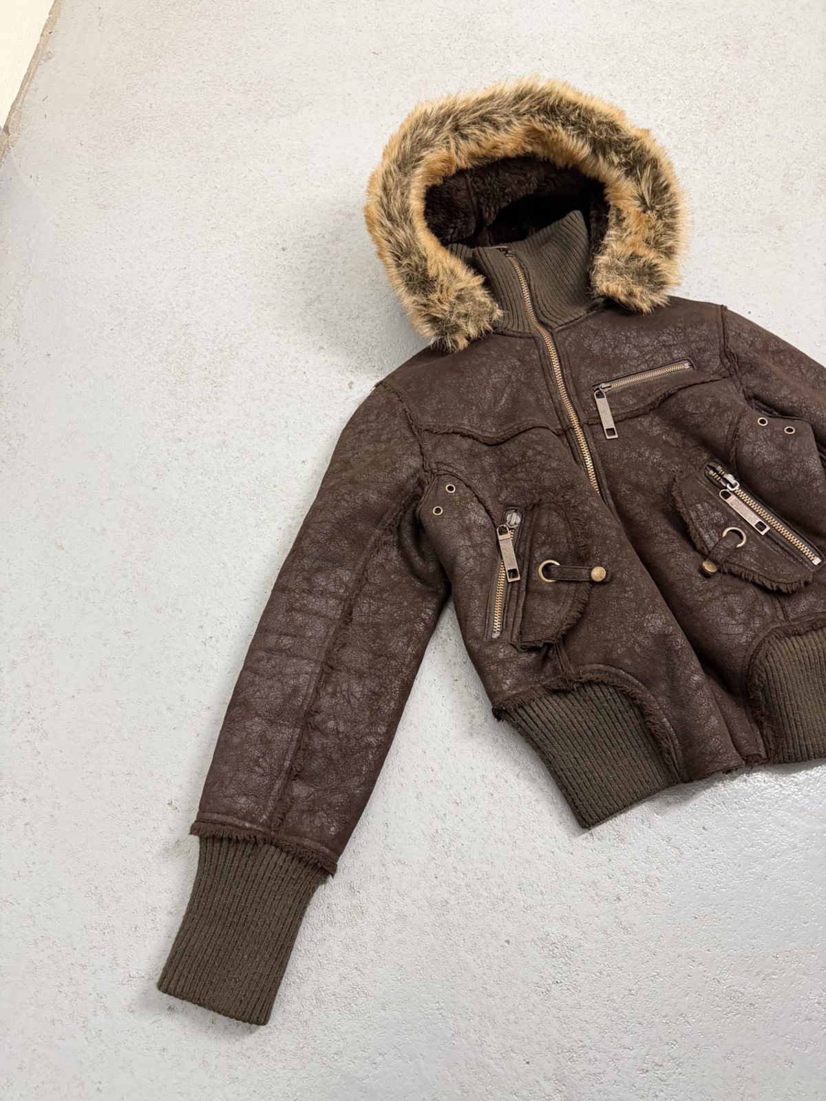 Other Suede Leather Multi-zip Narrow Waist Fur Bomber Jacket Size L / US 10 / IT 46 - 7 Thumbnail