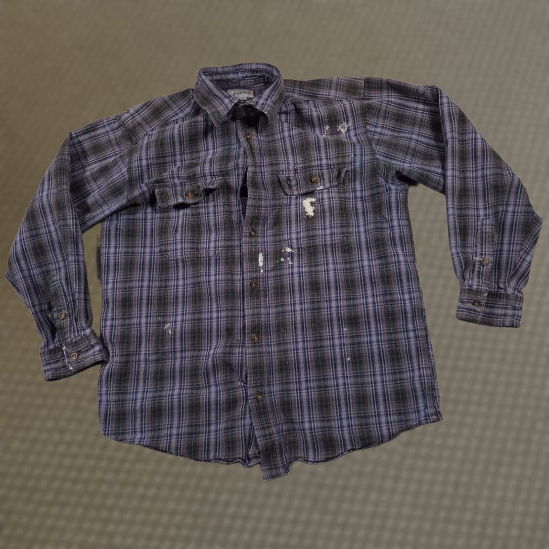 Carhartt VINTAGE Carhartt Shirt Mens Large Blue Gray Plaid Flannel Workwear Distressed Paint Size US L / EU 52-54 / 3 - 1 Thumbnail