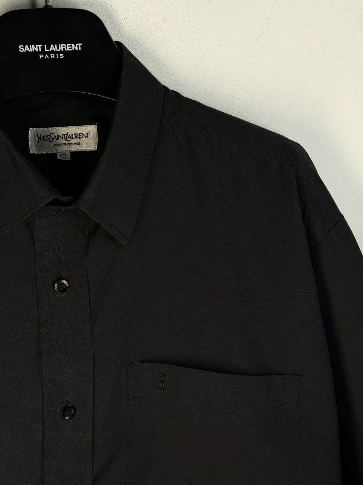Black YSL Shirt Shiny Longsleeve Dress Collar Yves Saint