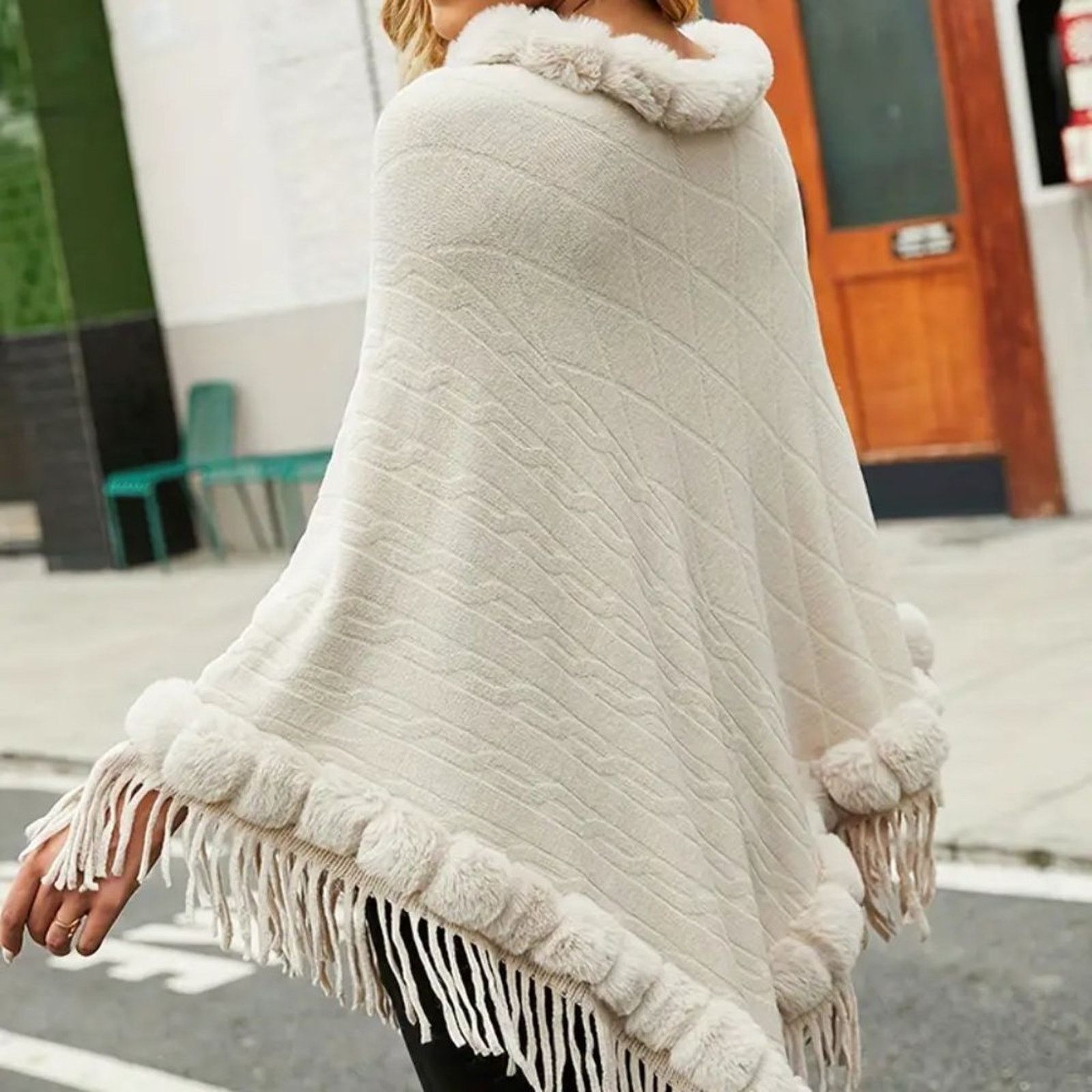 Other Elegant Faux Trim Fringe Poncho - Apricot - Size L (8/10) Size M / US 6-8 / IT 42-44 - 9 Thumbnail