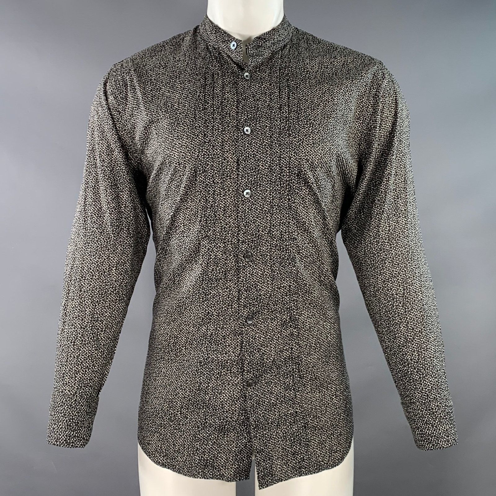 John Varvatos Black White Abstract Floral Pleated Tuxedo Long Sleeve Shirt Size US M / EU 48-50 / 2 - 1 Thumbnail