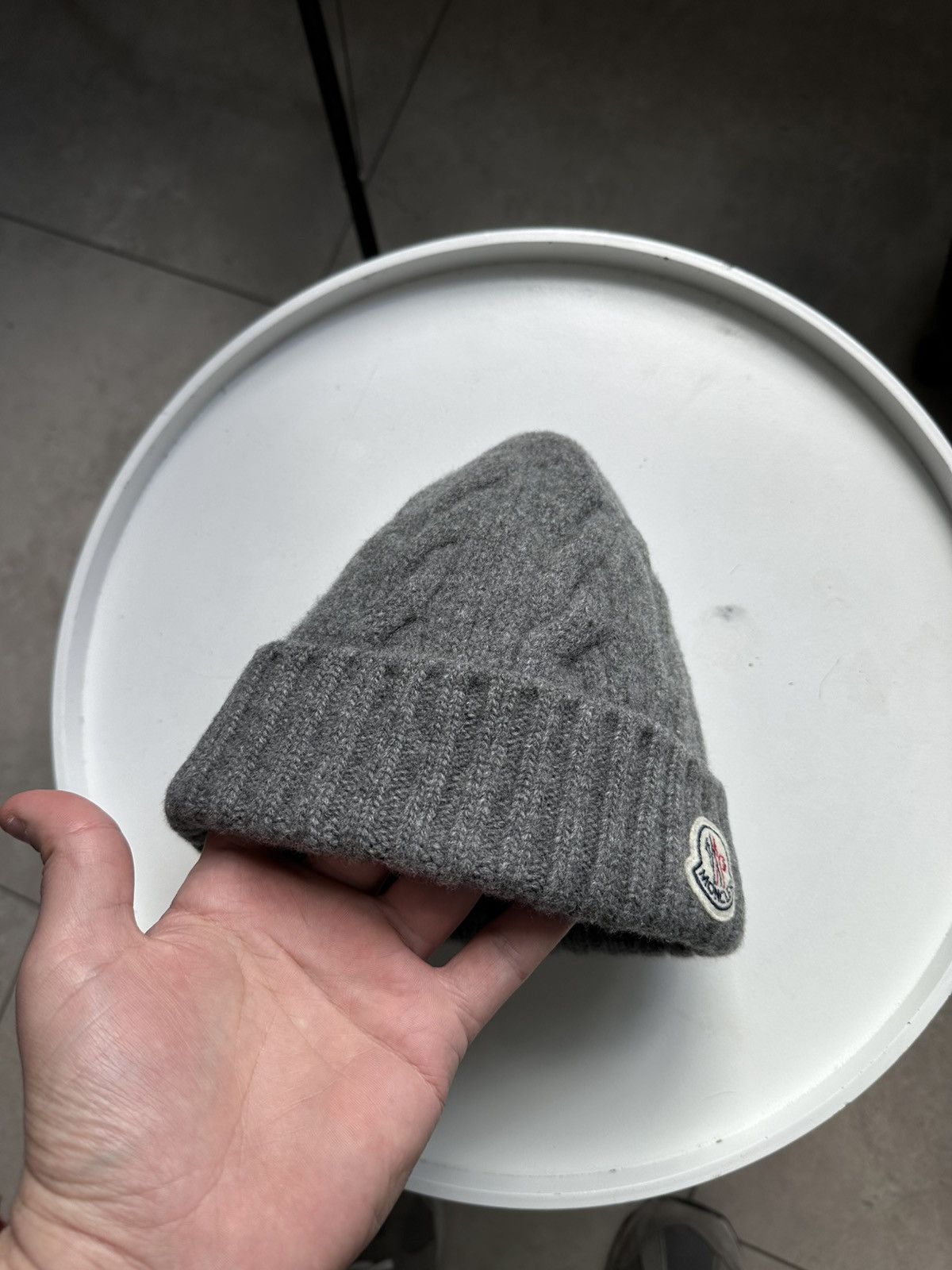 Moncler Moncler Grey Cable Knit Beanie Wool Hat Logo Patch Size ONE SIZE - 8 Thumbnail