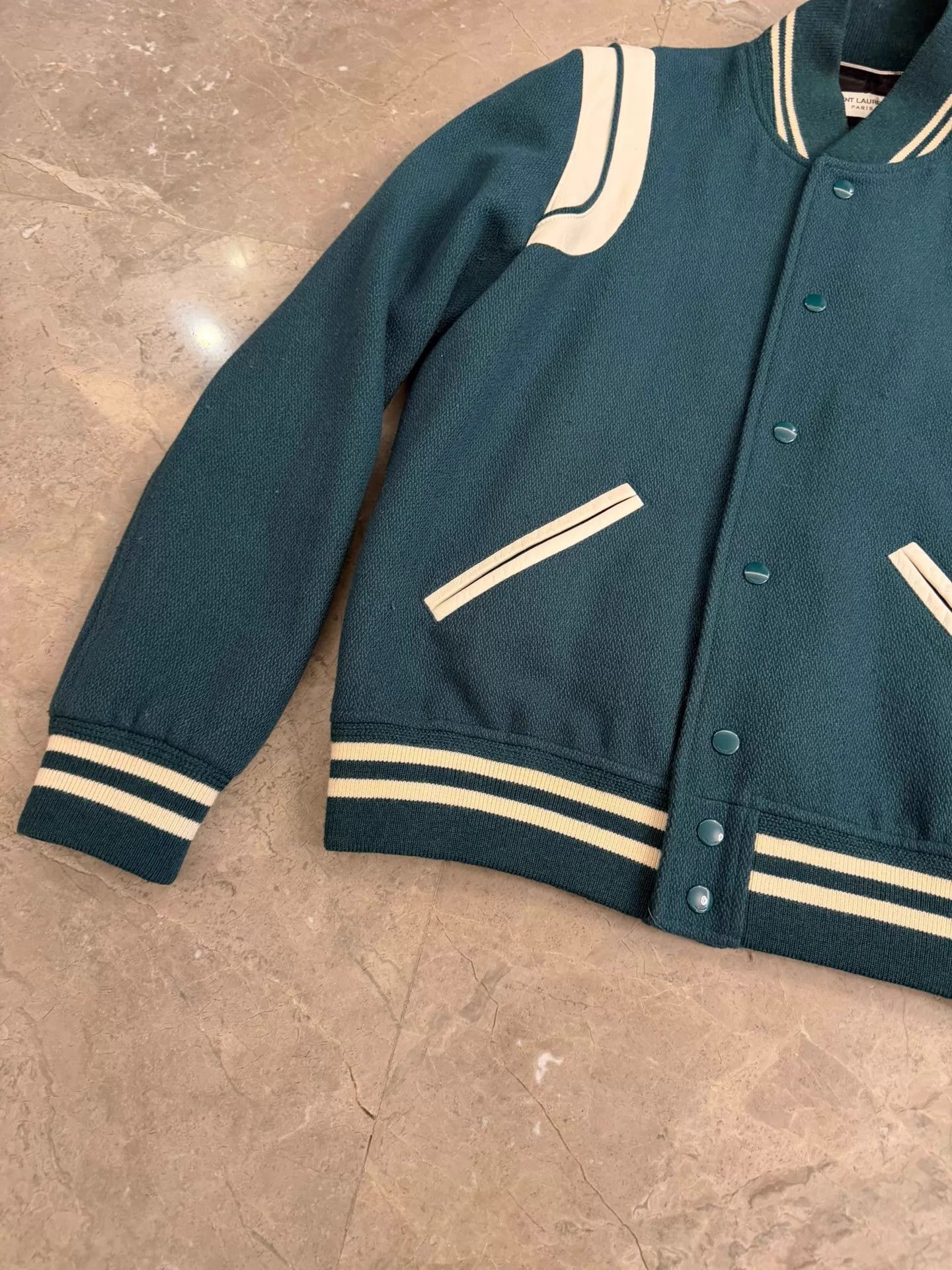 Saint Laurent Paris SLP deep green leather panel wool baseball Curry 46 jacket Size US S / EU 44-46 / 1 - 3 Thumbnail
