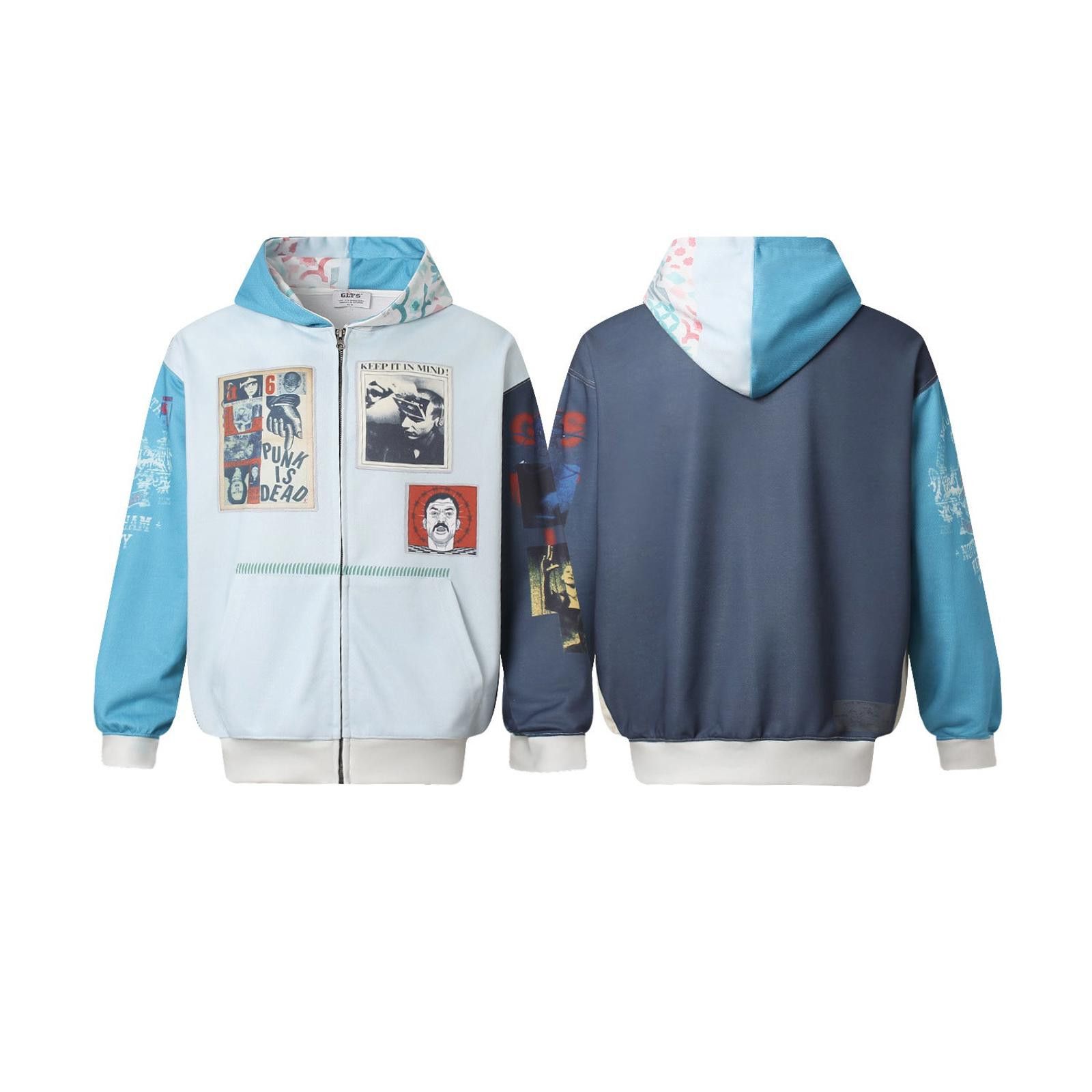 Japanese Brand Blue Multi-Print Zip-Up Hoodie, Casual Streetwear Hoodie Size US M / EU 48-50 / 2 - 3 Thumbnail
