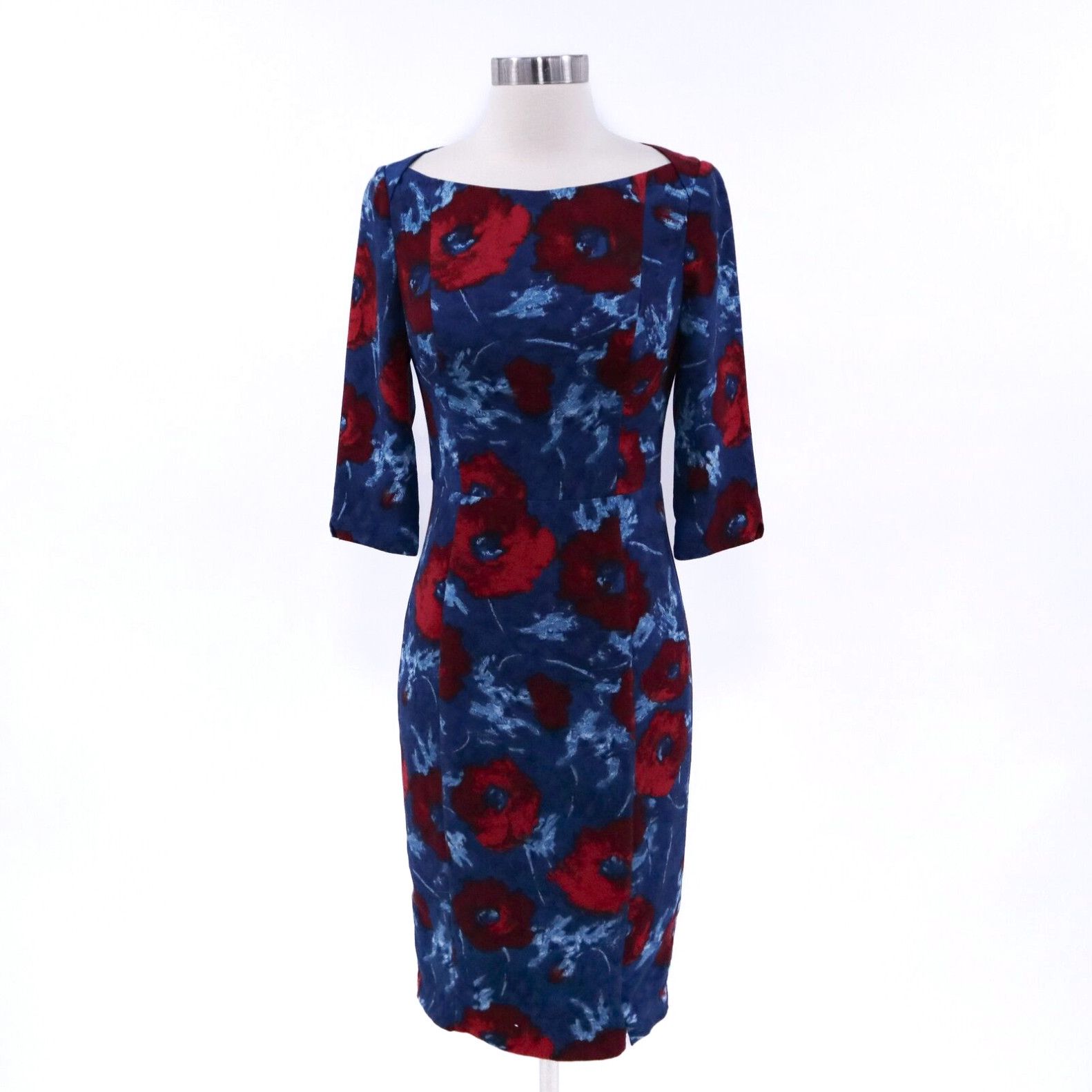 image of Black Halo Sheath Dress Womens 2 Floral Petrol Blue Red Zipper Side Slit in White (Size XS)