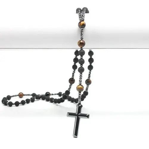 Vintage Natural Lava Stone Tiger-eye Hematite Cross Pendant Necklace Size ONE SIZE - 3 Thumbnail
