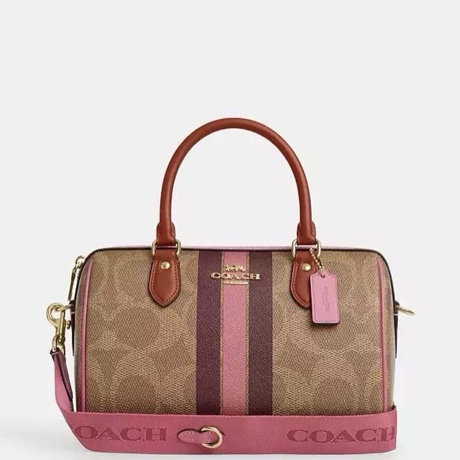 Coach NWT COACH Rowan Satchel Bag With Stripe Print Gold/Tan CBI78 Size ONE SIZE - 6 Thumbnail