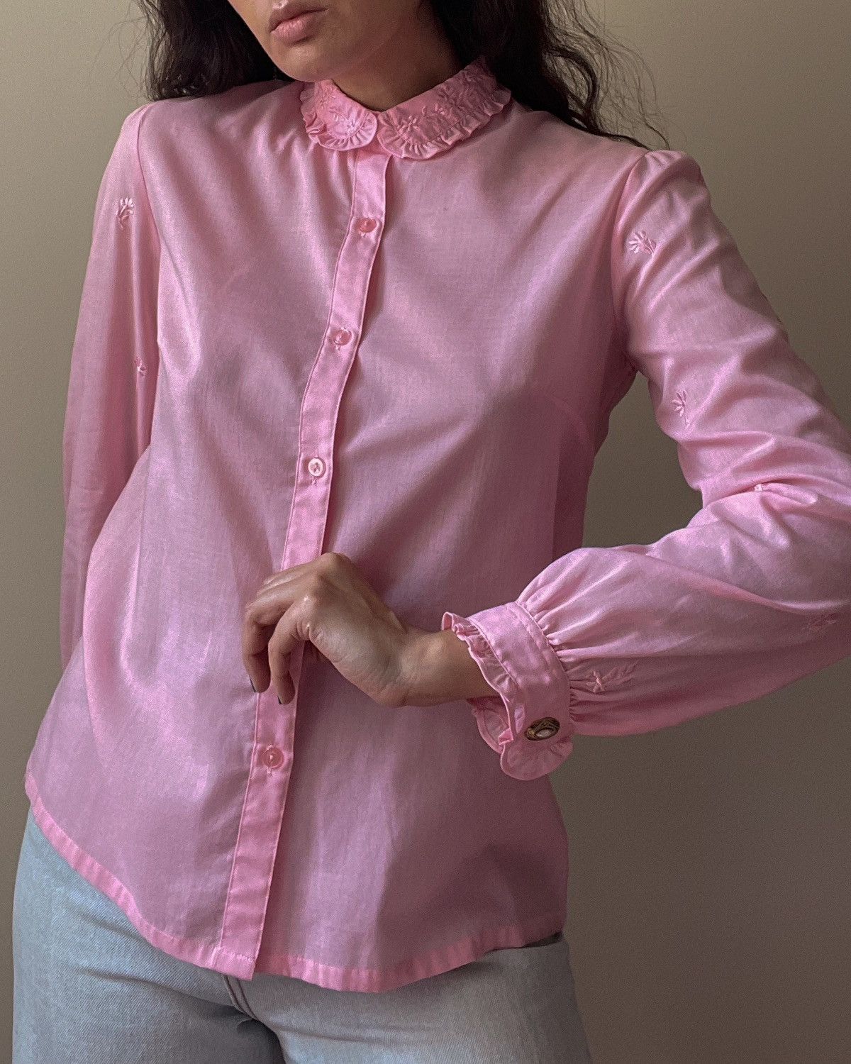 Vintage Vintage Embroidered Pink Cufflink Top Size XS / US 0-2 / IT 36-38 - 5 Thumbnail