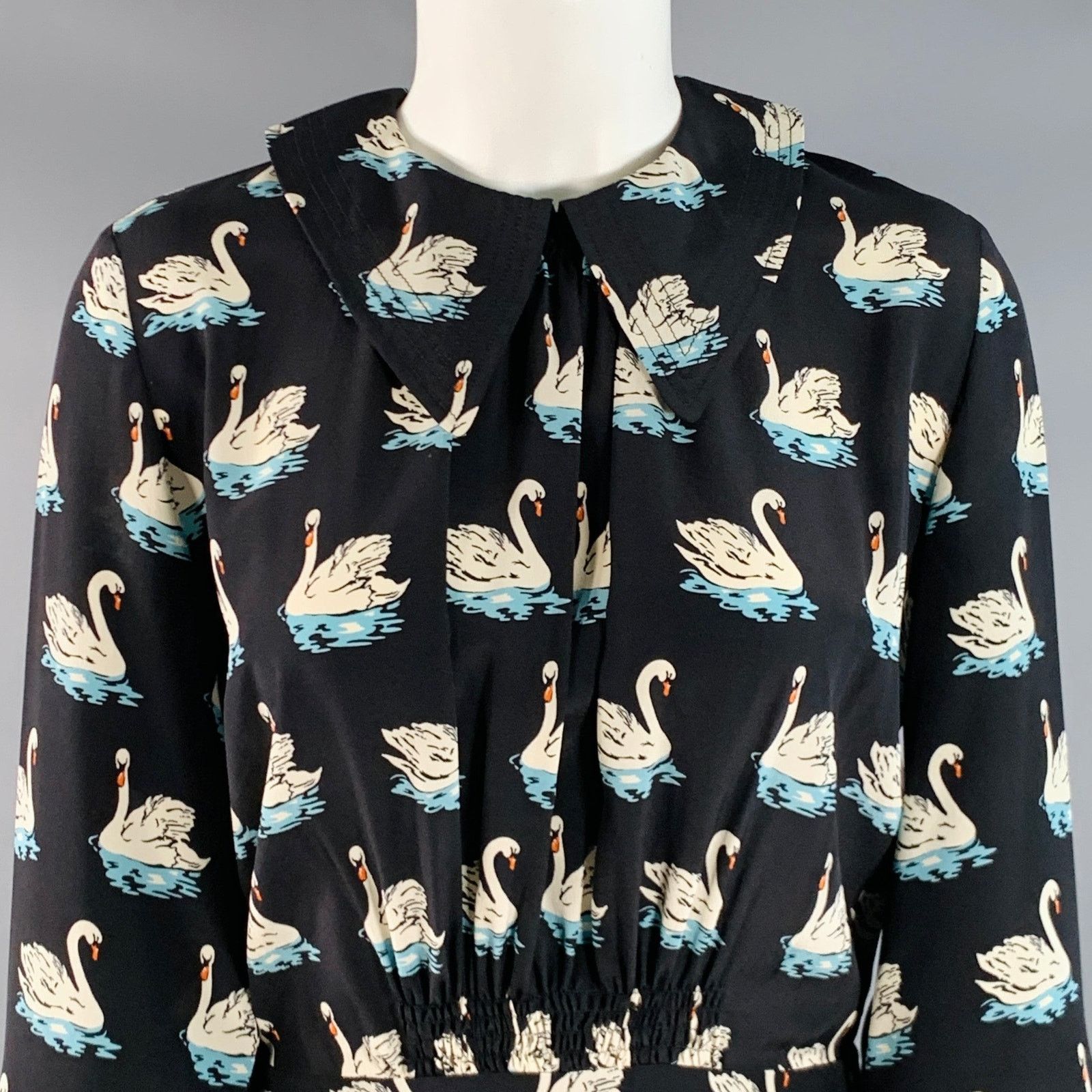 Stella McCartney 2 Black White Blue Silk Swans Point Collar Dress Size XS / US 0-2 / IT 36-38 - 2 Thumbnail