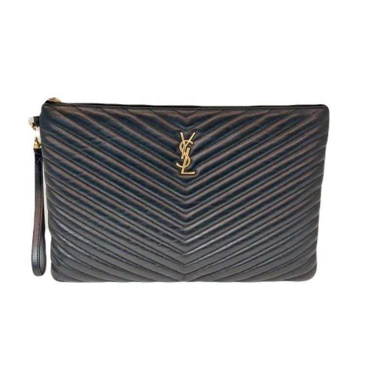Yves Saint Laurent YSL Black Chevron Quilted Matelassé Monogram Clutch Size ONE SIZE - 1 Thumbnail