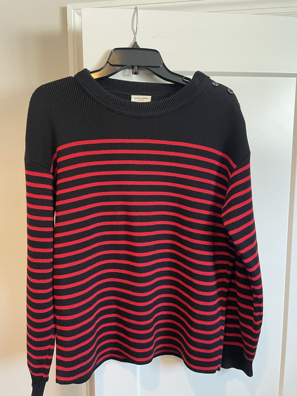 image of Saint Laurent Paris Striped Slp Sweater in Red, Men's (Size Medium)