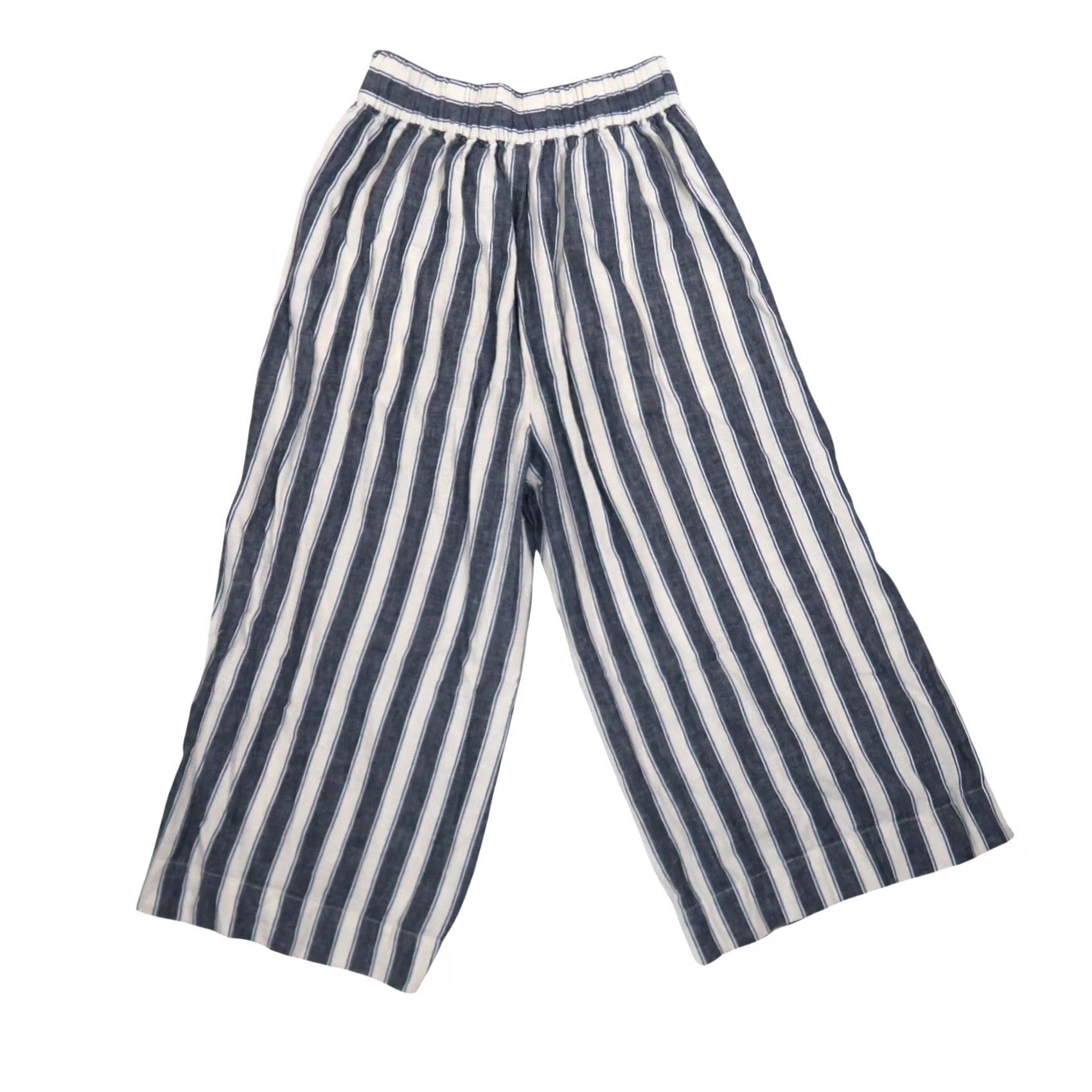 Madewell Madewell Navy Blue and Cream Stripe Wide Leg Crop Culotte Pants S Women's Casual Cotton Linen Striped Pockets Elastic Back Waist 19in Inseam Size 28" / US 6 / IT 42 - 3 Thumbnail