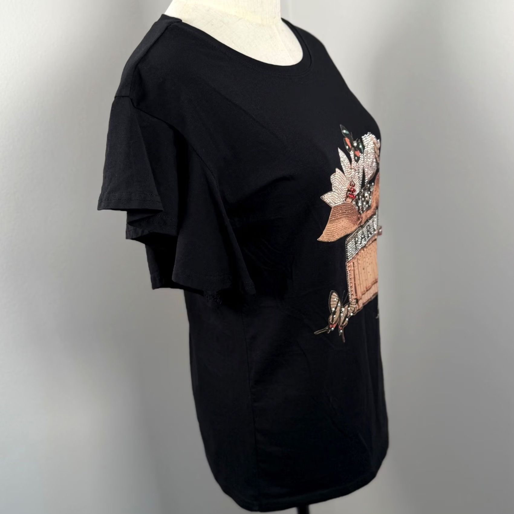 Vintage Vinizbena Paris Rhinestone Flutter Sleeve M Black Artsy Mixed Media Tee T Shirt Size M / US 6-8 / IT 42-44 - 4 Thumbnail