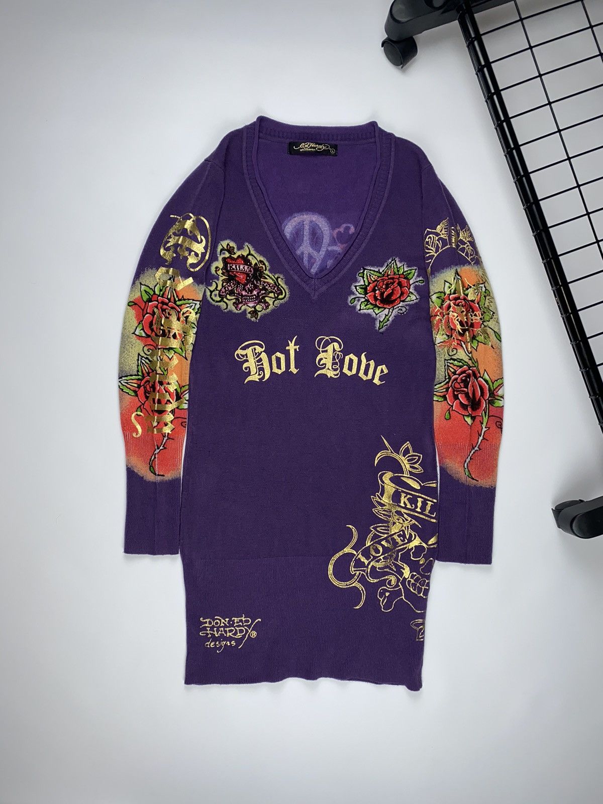 Christian Audigier  Ed Hardy  Vintage Vintage Ed Hardy acrylic wool  dress love purple Hot robe | Grailed