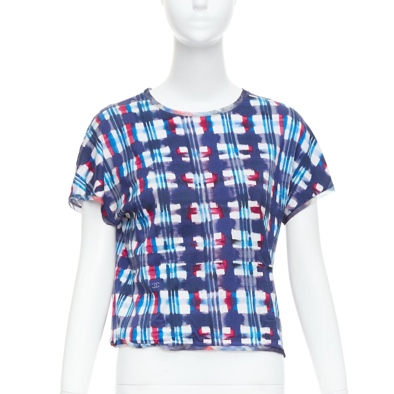 Chanel CHANEL 17P Runway blue red check CC logo print silk trim crop top FR36 S Size S / US 4 / IT 40 - 1 Thumbnail