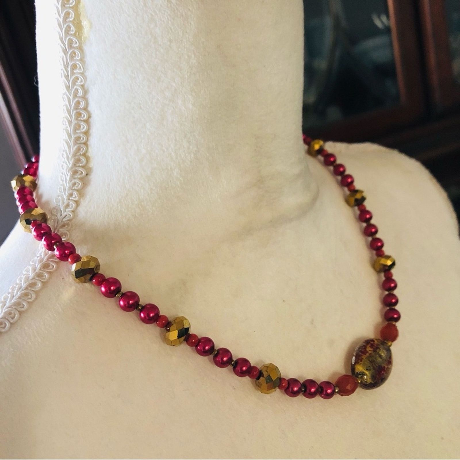 Handmade Handcrafted repurpose crystal red coral Pearl necklac Size ONE SIZE - 3 Thumbnail