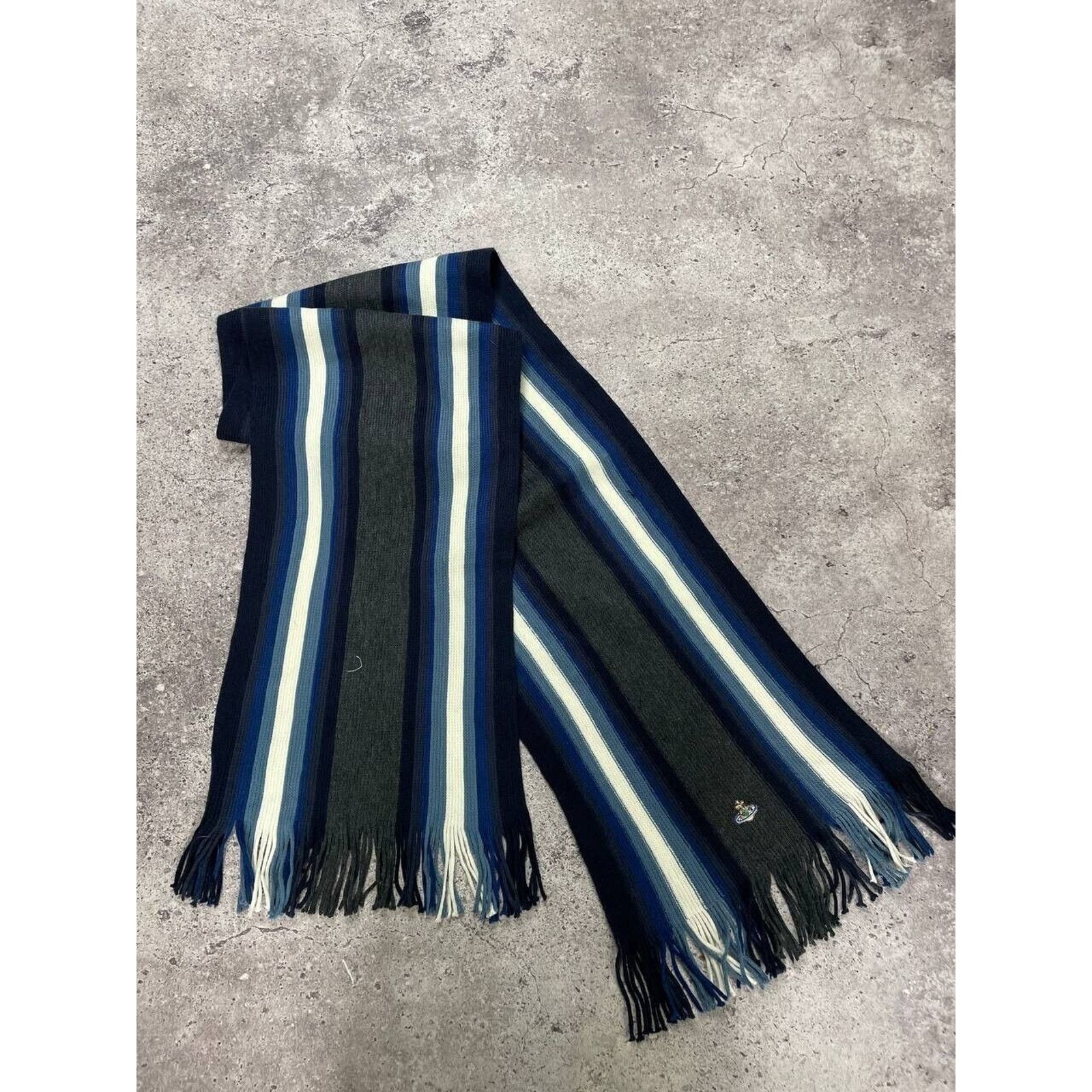 Vintage × Vivienne Westwood Vivienne Westwood Striped Scarf Navy Green Blue Wool Unisex Size ONE SIZE - 6 Thumbnail