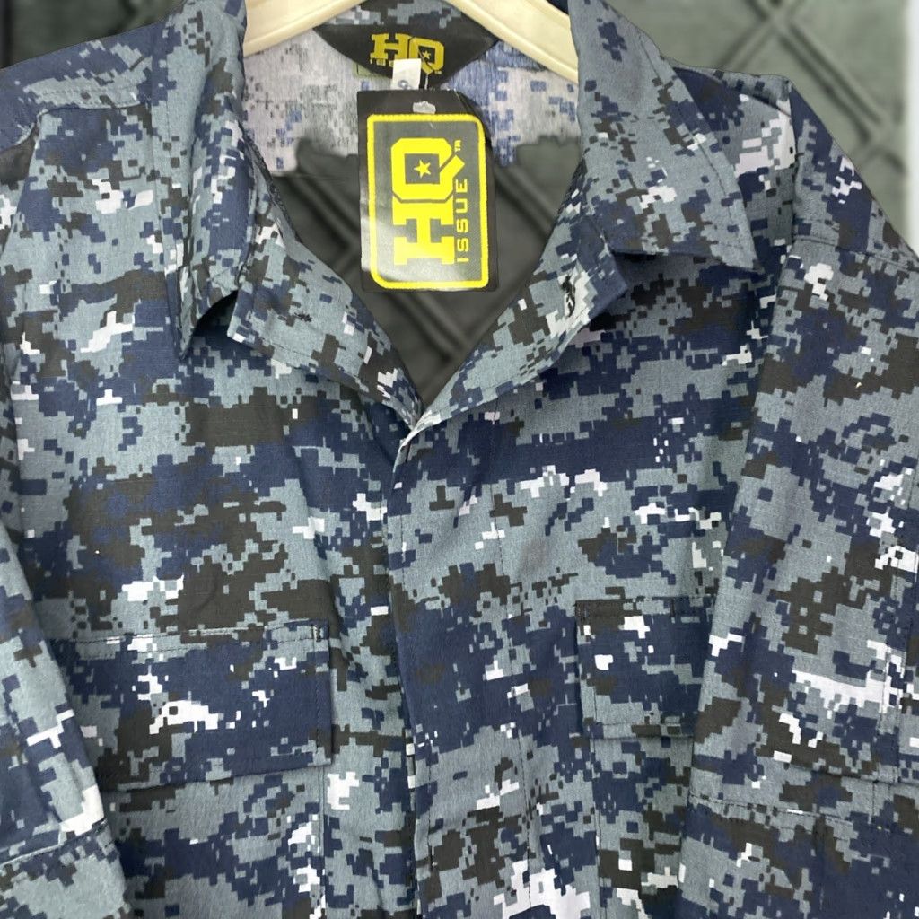 HQ Issue Blue Camo Utility Mens Long Sleeve Shirt XL Pattern: Solid Pockets Tactical Gear Military First Response Relaxed Fit Button Zip Shirt