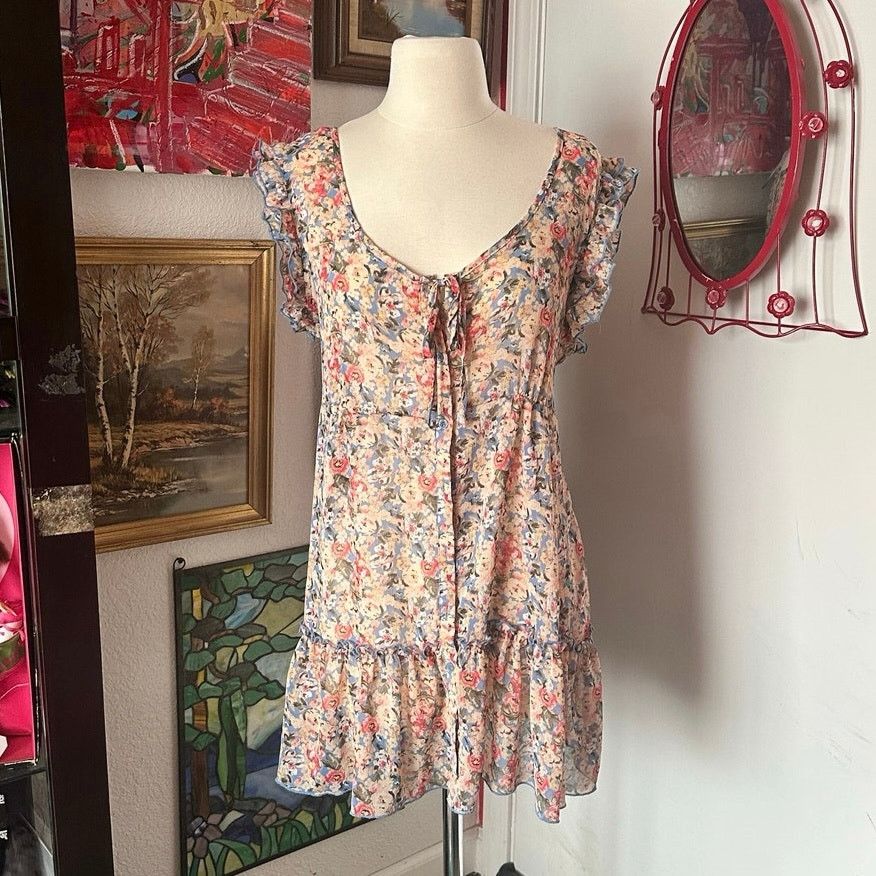 Other apostrophe floral multicolor button up mesh dress Size L / US 10 / IT 46 - 1 Thumbnail