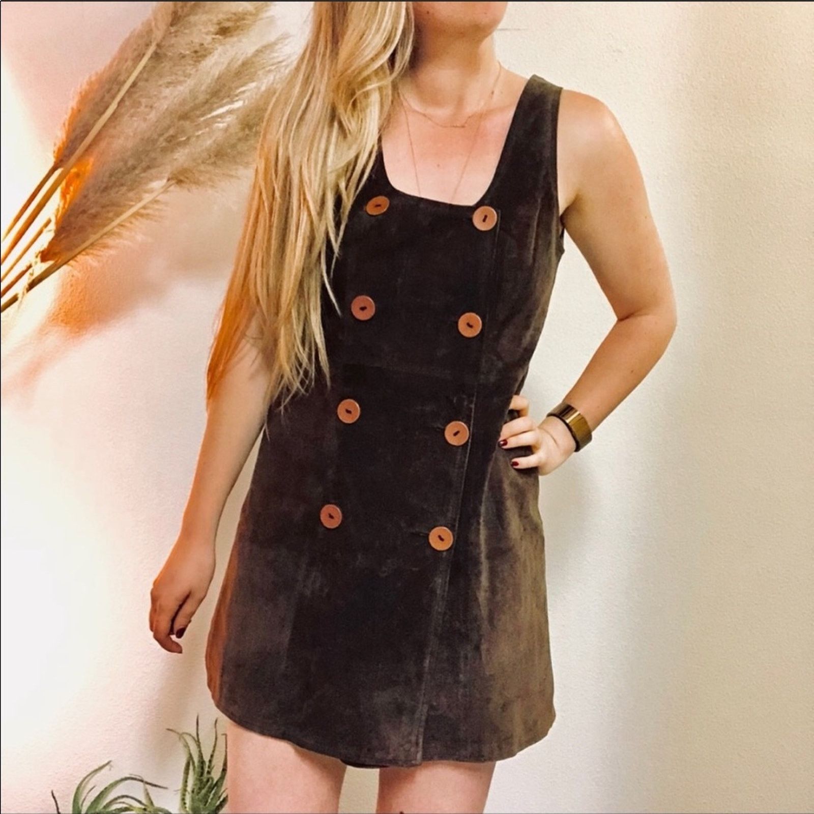 Vintage VINTAGE Compero Brown Suede Leather Button Tank Jumper Dress ...