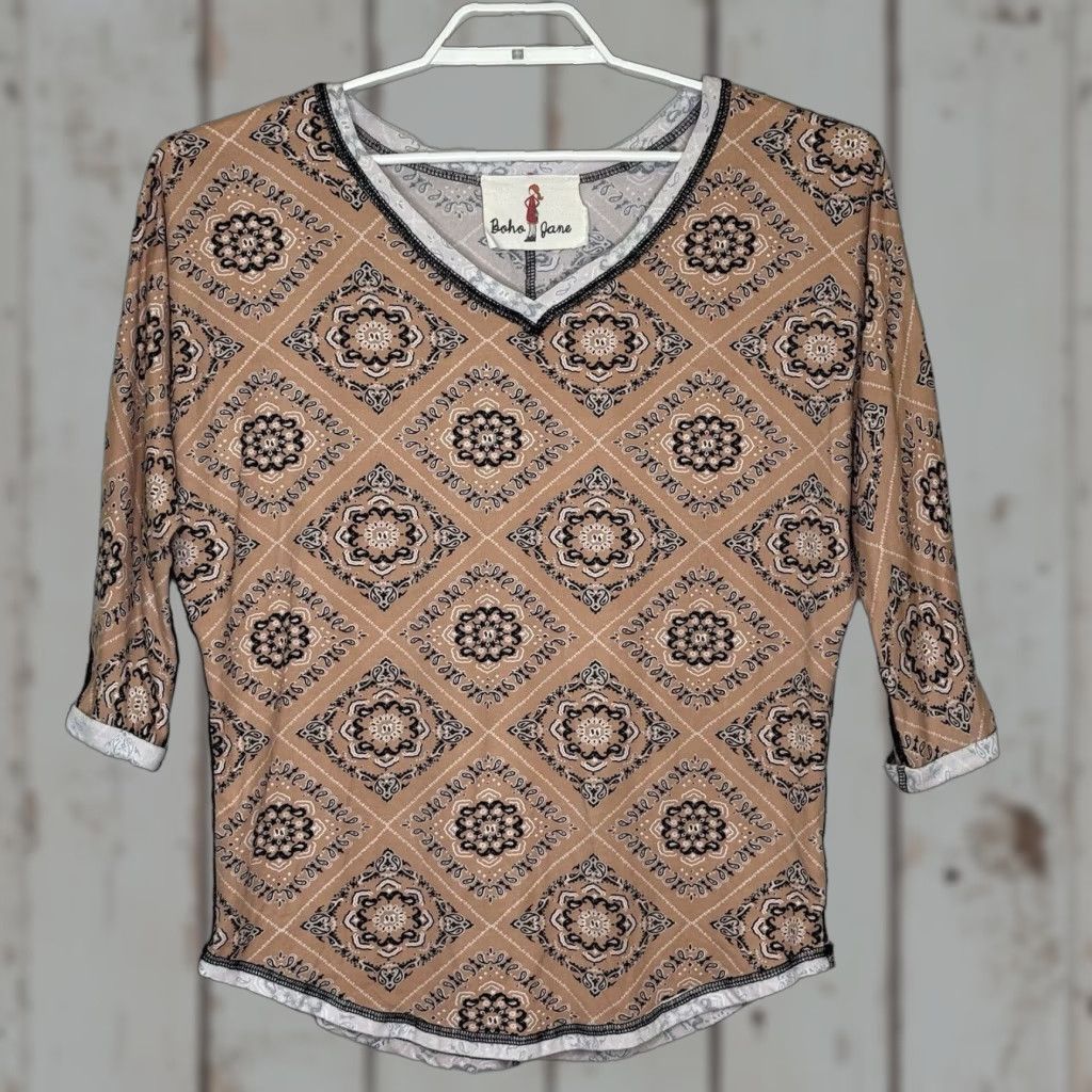 Pinko Boho Jane Women's Top T-Shirt Dolman Sleeve V-Neck 3/4 Sleeve Stretch Geometric Print Pink Black Size S Size S / US 4 / IT 40 - 1 Thumbnail
