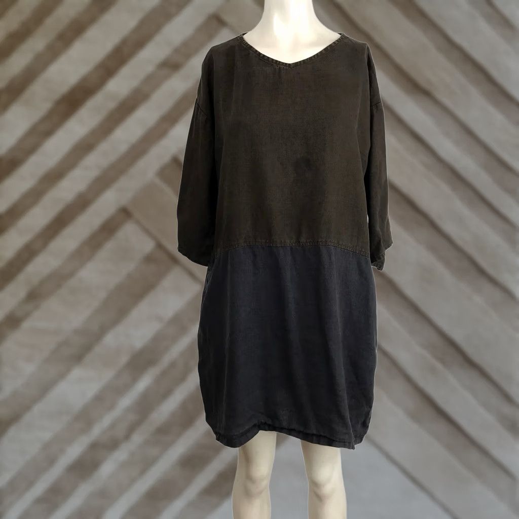 Vintage fog linen work Linen Dress Midi Casual V-Neck Brown 3/4 Sleeve Women Size ONE SIZE - 1 Thumbnail